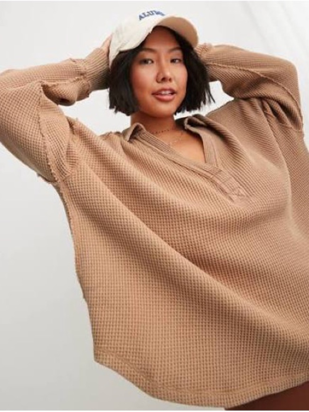 Aerie LumberJane Camel Tan Thermal Waffle Knit Oversized Polo Sweatshirt S NWT